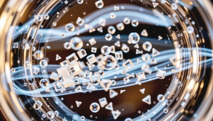 Microplastic concept, Abstract view of bubbles and micro plastic in a swirling liquid.