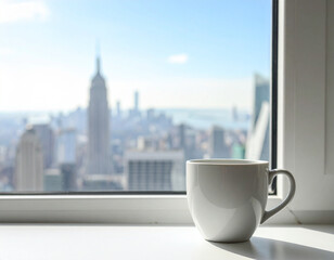 Hot coffee cup on windowsill with blurry city skyline in background