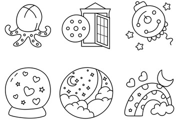 Colorful infographic featuring circle design with octopus, door, bell, snow globe, night sky, and rainbow, evoking wonder