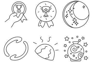 Hand holding medal, trophy, crescent moon, circular shapes, sun, and decorative globe create vibrant infographic data circle