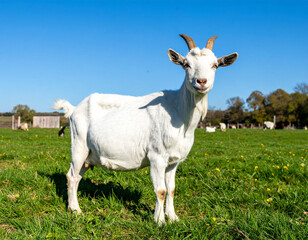 White goat standing on green pasture under clear blue sky
