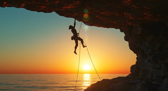 Silhouette of climber suspended on a cliff face with sunset behind. - Powered by Adobe