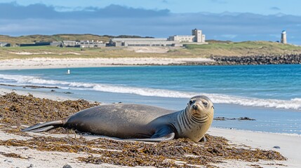 A sea lion rests on a sandy beach with seaweed, buildings, and a lighthouse in the background.