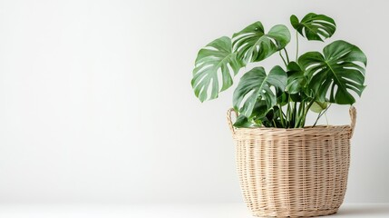 Obraz premium A light and minimalist arrangement of a plant in a basket.