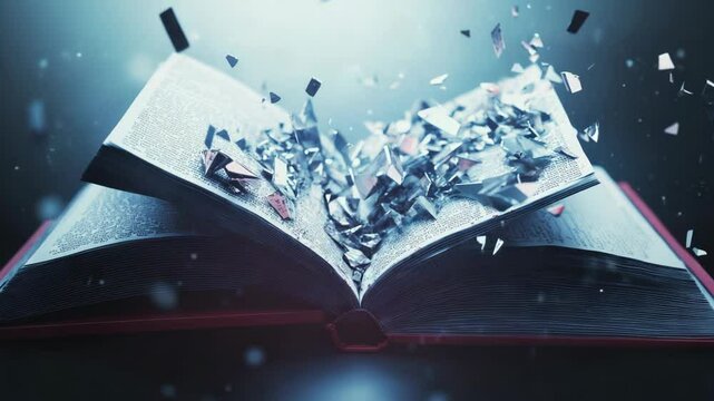 An enchanting image of a book bursting with fragments of glass, symbolizing the power of knowledge and imagination. This unique visual invites creativity and exploration of ideas.