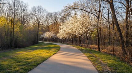 Fototapeta premium Winding paved path through park with blossoming trees at sunset.