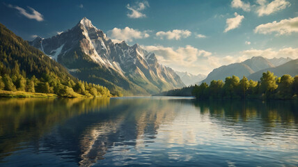 Beautiful summer landscape with a river and a tree in the foreground