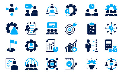 Management pixel icon set. Vector illustration