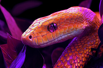 Fototapeta premium Vibrant close-up of a colorful snake resting among lush, purple foliage, showcasing nature's beauty