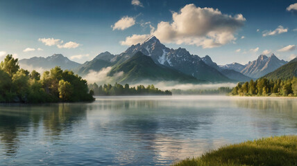 Beautiful summer landscape with a river and a tree in the foreground