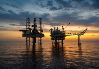 Obraz premium Oil platforms at sea during a colorful sunset, reflecting in the water