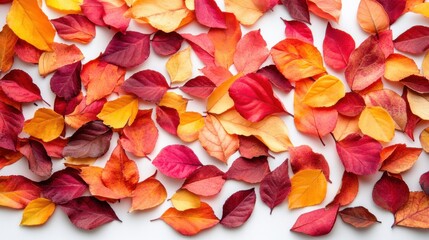 Pile of colorful autumn leaves scattered randomly on bright white background seasonal foliage flat lay nature stock