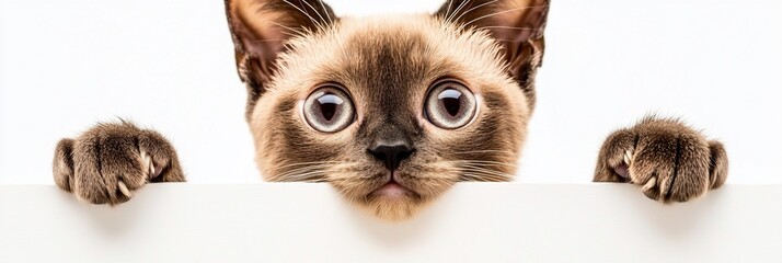 Fototapeta premium Cute kitten peeking over a white banner with wide eyes and paws visible.