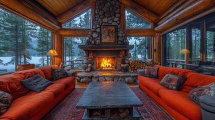 Cozy living room with a fireplace and lake views.