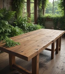 Obraz premium Rustic wooden table with lush greenery, earthy tones , photography, feeling