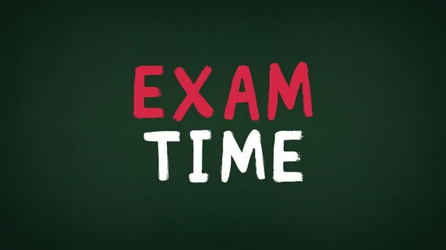 2D stop-motion animation of the phrase &ldquo;EXAM TIME&rdquo; appearing in hand-drawn style on a dark blackboard background. Ideal for educational videos, school-related content, academic promos, and learning pl