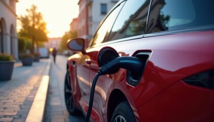 Sleek electric vehicle charging at a modern charging station , eco-friendly, green