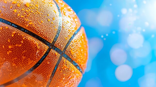 Wet basketball close up with water droplets against a bright blue background creating a refreshing and dynamic sports image - Powered by Adobe