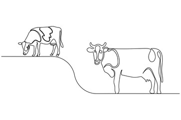Continuous one line drawing of Cow. Single line drawing illustration of Milk calf animal. Livestock concept vector art. Doodle line illustration.