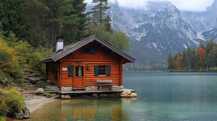 Fototapeta premium Picturesque wooden cabin nestled by a serene lake.