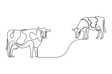 Continuous one line drawing of Cow. Single line drawing illustration of Milk calf animal. Livestock concept vector art. Doodle line illustration.