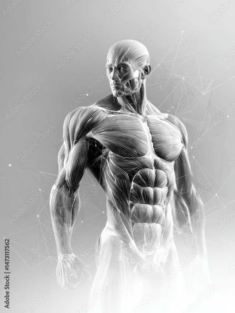 Aufkleber muscle diagram illustrating human anatomy with emphasis on muscular structure set against a grayscal