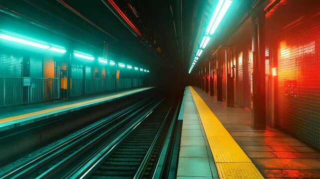 Futuristic underground train station with vapor.