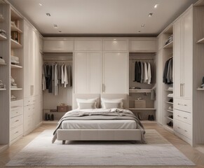 Spacious contemporary bedroom suite; stylish walk-in closet, calming palette ,  bedding,  contemporary bedroom