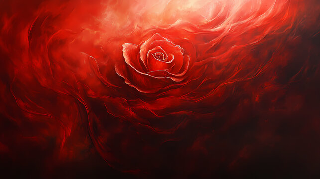 Elegant rose petals unfold from a misty red smoke swirl on a dark, mysterious background, foggy, rose, foggy, rose. [Abyssal Gardens] | Dark Bloomscape | eerie petals. Illustration
