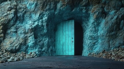 Fototapeta premium Mysterious teal cave entrance with a wooden door.