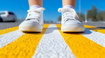 White sneakers on a yellow and white pedestrian crossing under a clear blue sky close up view of casual shoes on the road minimalist modern urban style and fresh lifestyle photography