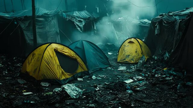 Temporary shelters in a squalid encampment.