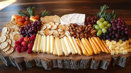 A rustic wooden board overflowing with assorted cheeses, crackers, fruits, and nuts.