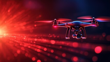 Futuristic drone in motion against vibrant red and blue light.