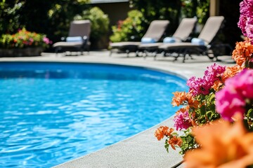 Sparkling blue poolside view with vibrant flowers and lounge chairs.