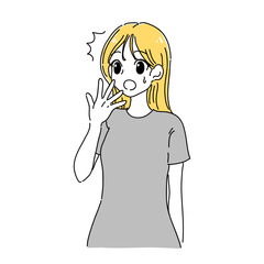 漫画テイストな口に手を当ててびっくりしてる女性のイラスト(イエロー×グレー)