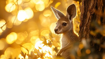 Adorable joey kangaroo rests against a tree trunk at sunset, golden bokeh background.