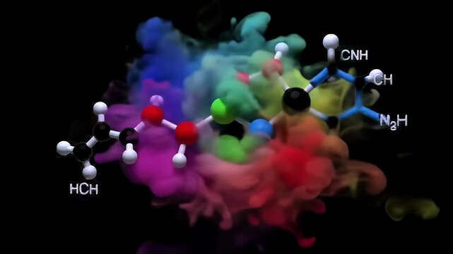 Detailed Molecule Structure with Colorful Cloud Background and Scientific Notation