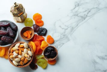 Dried Fruits and Nuts Arrangement on Marble Surface with Lantern and Decorative Bowls for Healthy Snacking and Festive Occasions