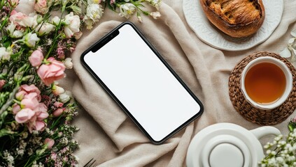Stylish mobile phone amidst floral and breakfast scene