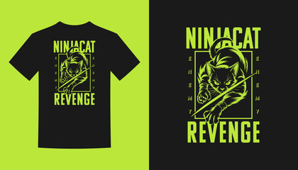 Black tshirt with a green graphic of a ninja cat with the text ninja cat revenge.