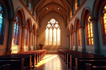 Fototapeta premium Tranquil church interior, sunlight streaming through stained glass windows , peaceful, light
