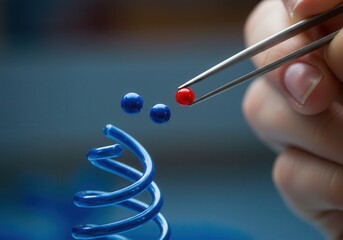 Dna strand with tweezers holding red sphere, blue spheres in background