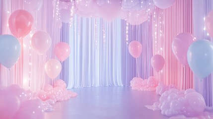 Pastel-toned celebration space with balloons, drapes, and soft lighting.  A dreamy, whimsical atmosphere