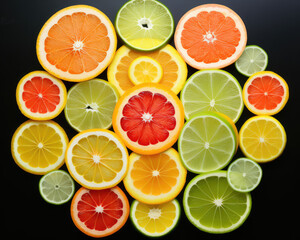 Bright orange, lemon, and lime wheel slices for cocktail on transparent background

