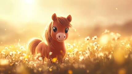 Naklejka premium Charming cartoon pony amidst a sunlit meadow, cute digital illustration