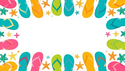 Obraz premium Colorful Flip Flops Border with Starfish and Copy Space