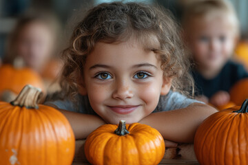 Young girl smiling in front of pumpkins.