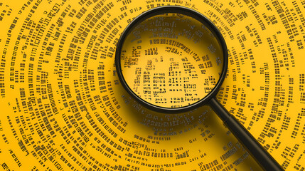 Yellow background with magnifying glass above circular binary code. [Digital Relics] | Shadow Code | lost script. Illustration