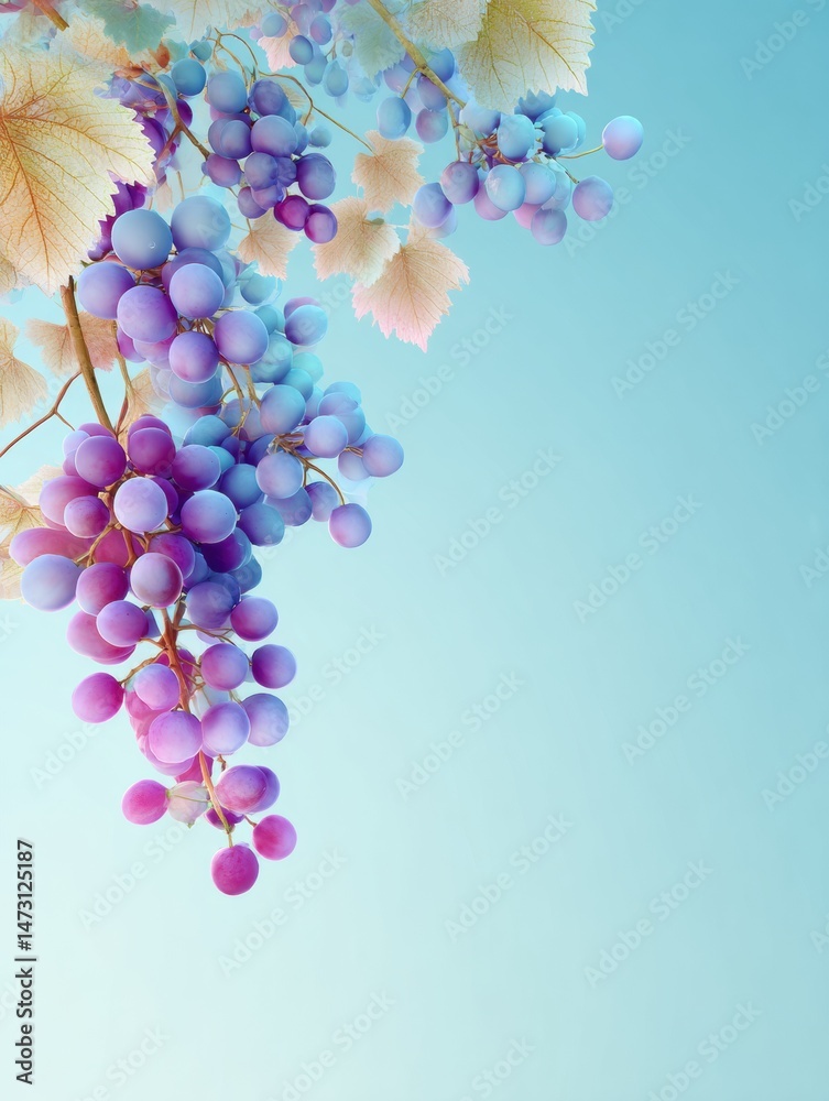 Poster Bunch of Ripe Grapes Hanging From Vine Under a Soft Gradient Sky in a Serene Vineyard Setting